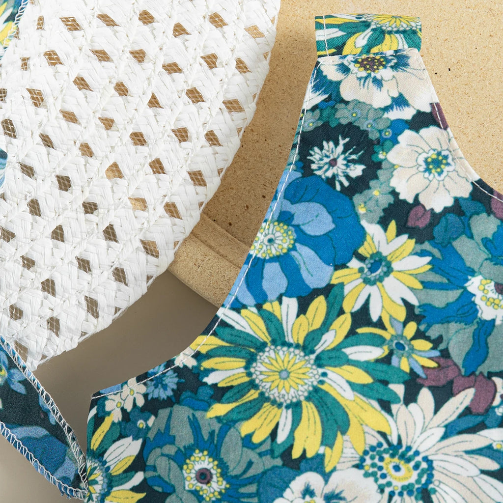 (2 Piece Dress) Summer New Girls Dress Set Floral Print + Hat Bow Ribbon Halter Sweet Princess Dress Birthday Party Team Dress