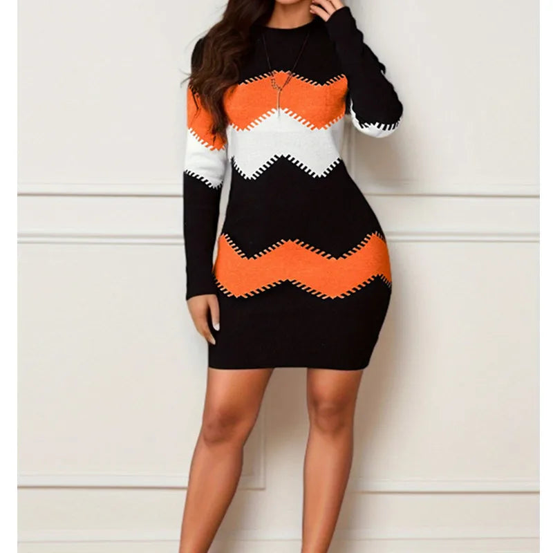 Autumn Fashion Round Neck Long Sleeve Printed Knitted Bag Hip Dress