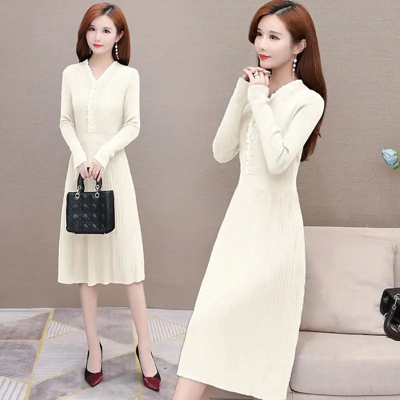 Fashion Ruffled Neck Button Folds Midi Dress Women's Clothing 2023 Autumn Winter Loose Elegant Office Lady Knitted Dress