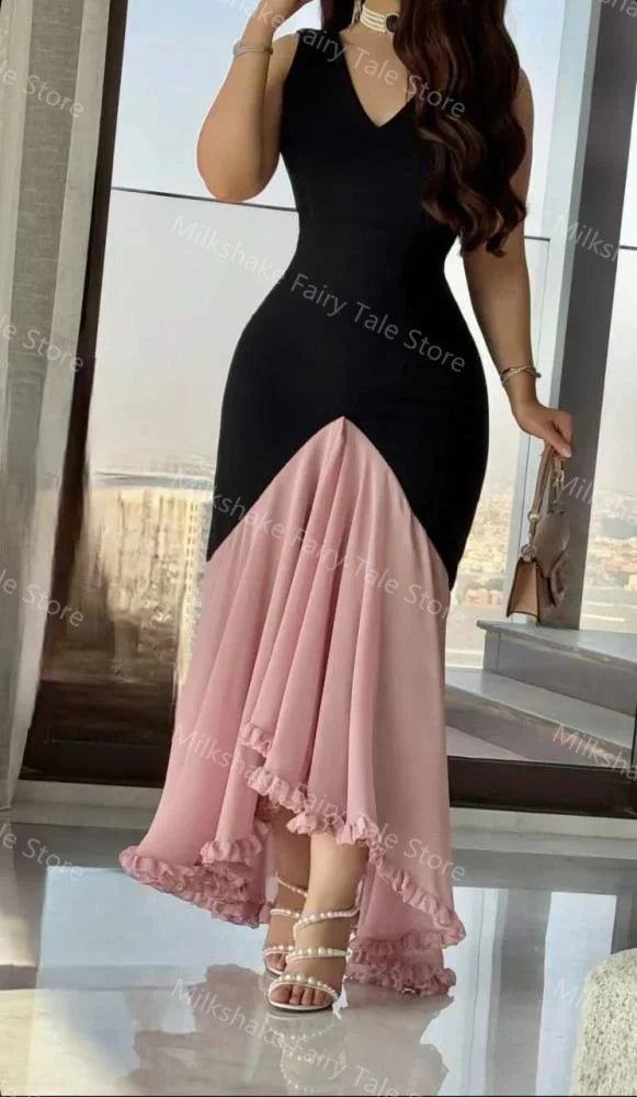 Simple Evening Dresses for Women V Neck Sleeveless Velvet Prom Gown Vintage Ruffles Customized Wedding Party Guest Gowns