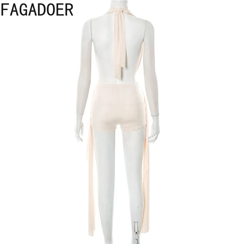 FAGADOER Sexy Hollow Out 2 Piece Sets Woman Outfit Halter Backless Collar Crop Top + Tassels Shorts Matching 2025 Summer New