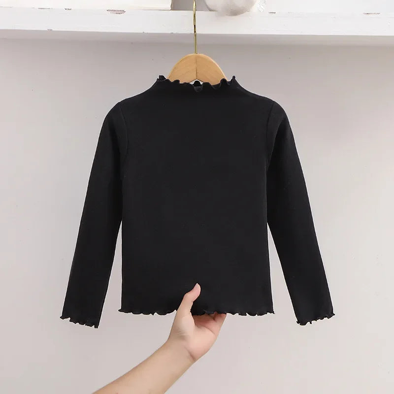 Children Clothing New Girls Base Shirt For Autumn and Winter Children Trendy Black Fungus Edge Solid Color Long Sleeved T-shirt