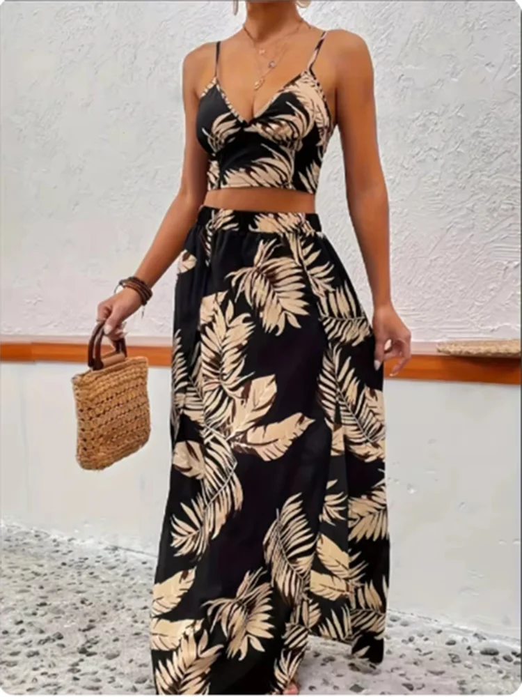 Sleeveless Printed Dress Set for Women Sexy Half Skirt Elegant Deep V-Neck Strap High Waist Summer Luxury