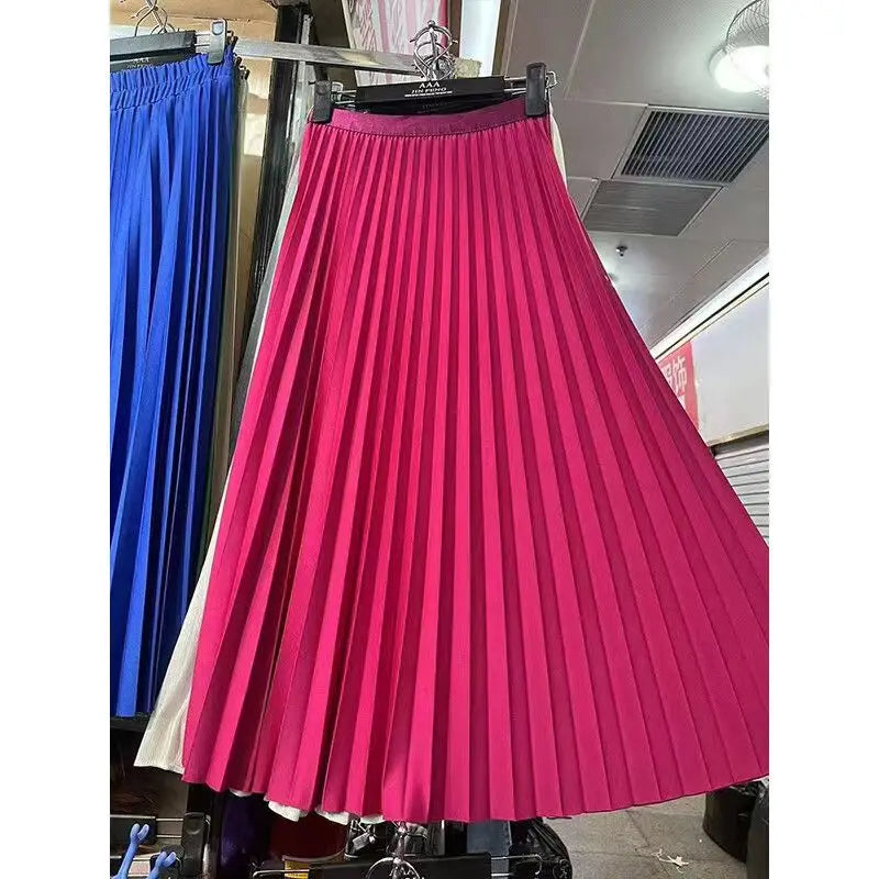 2024 Women Elegant Pleated Skirt High Waist Women Mid-long Skirt Female Ladies High Quality Women Midi Skirt Black Saia