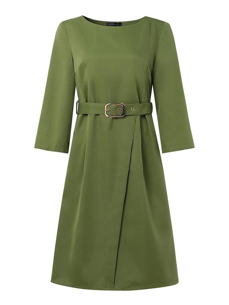 ZANZEA Elegant Women Vestidos With Belt 3/4 Sleeve Casual Knee-Length Dresses 2025 Autumn Solid Color Fashion Office Party Robe