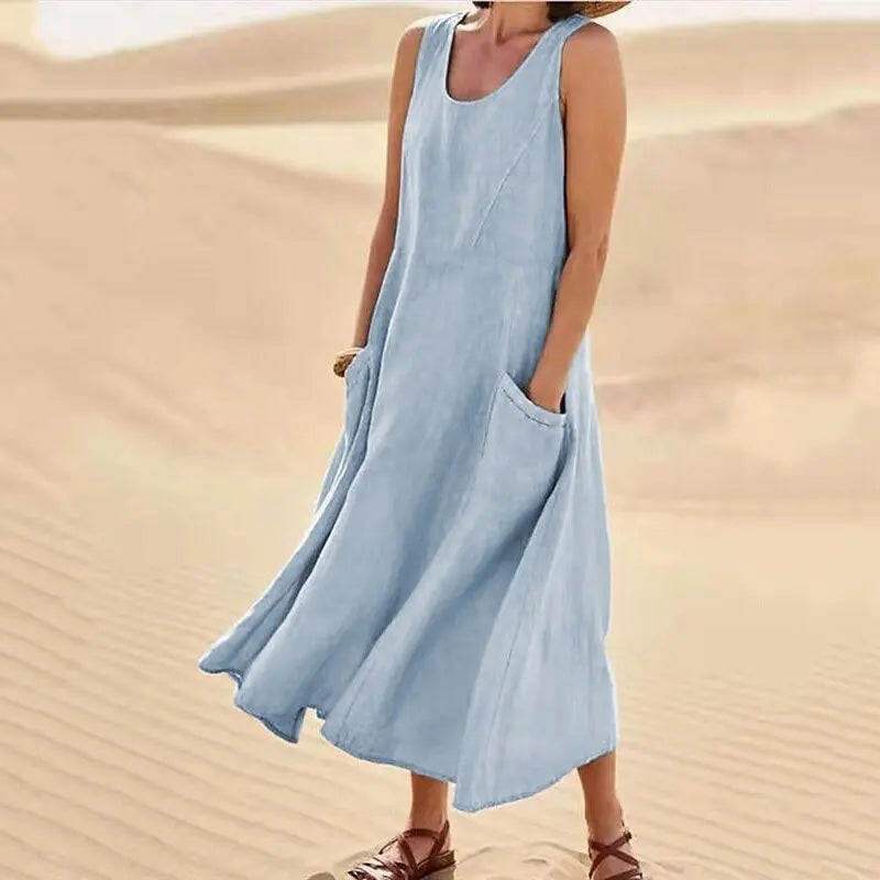 Women Coton Linen Sundress Summer Female Sleeveless Double Big Pocket Loose Sand Beachwear Long Dress Oversized S-5XL LRFZ-818