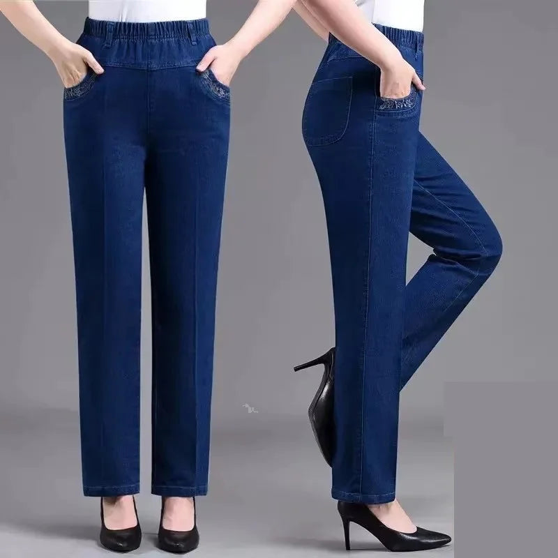 Middle aged elderly Women's Jeans Embroidered Pockets Elastic waist Mom Pants Casual Denim Straight leg Trousers 2025 New Spring