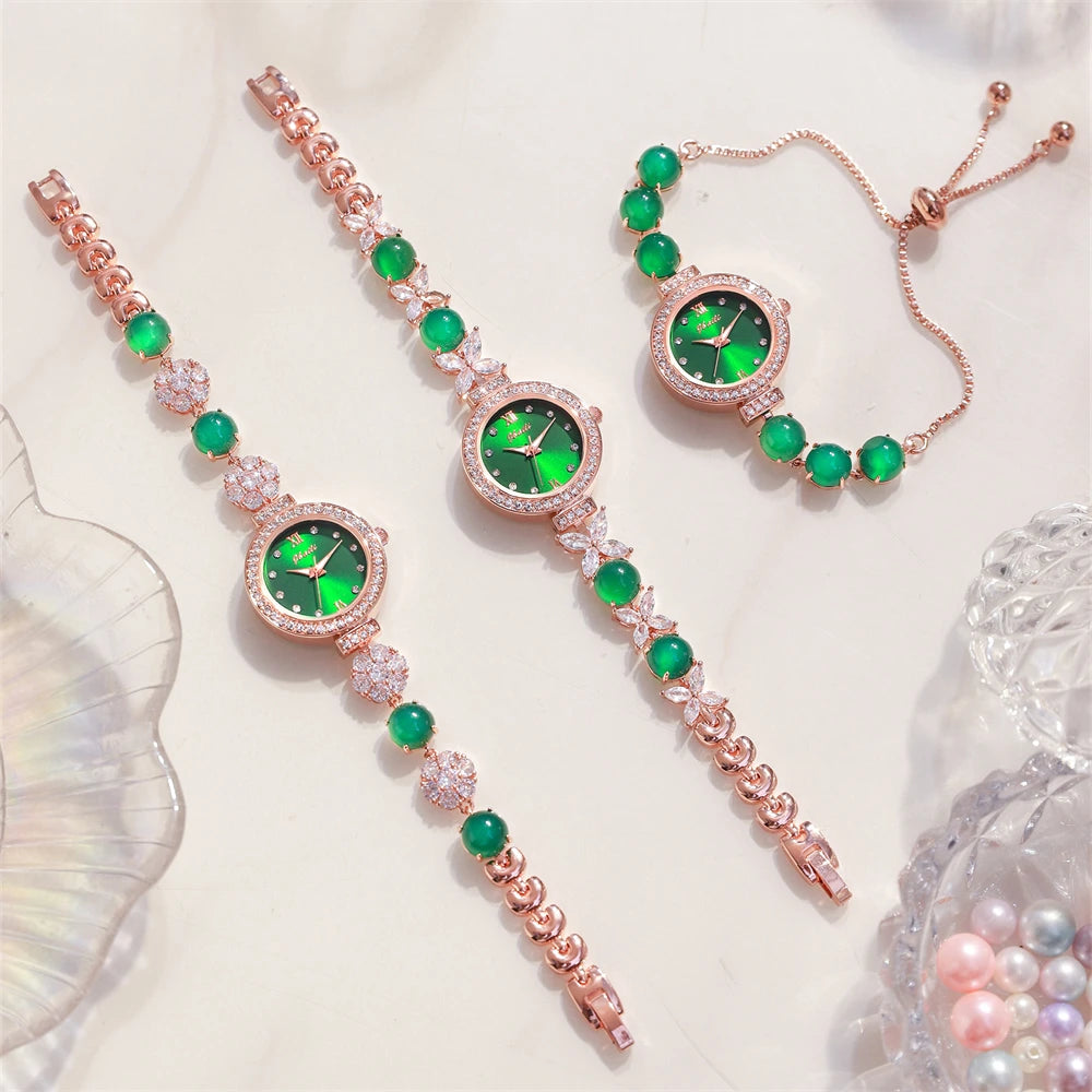 Personalized temperament round diamond silver four flower jade round diamond pearl rosegold strap luminous women quartz watch