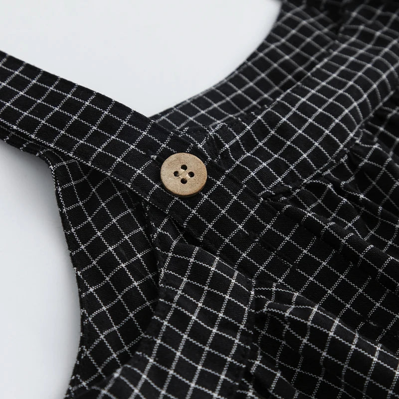 Retro Black Plaid Girls Pinafore Dress 2025 Summer New Children's Cotton Casual Loose Adjustable Straps Dresses TZ288