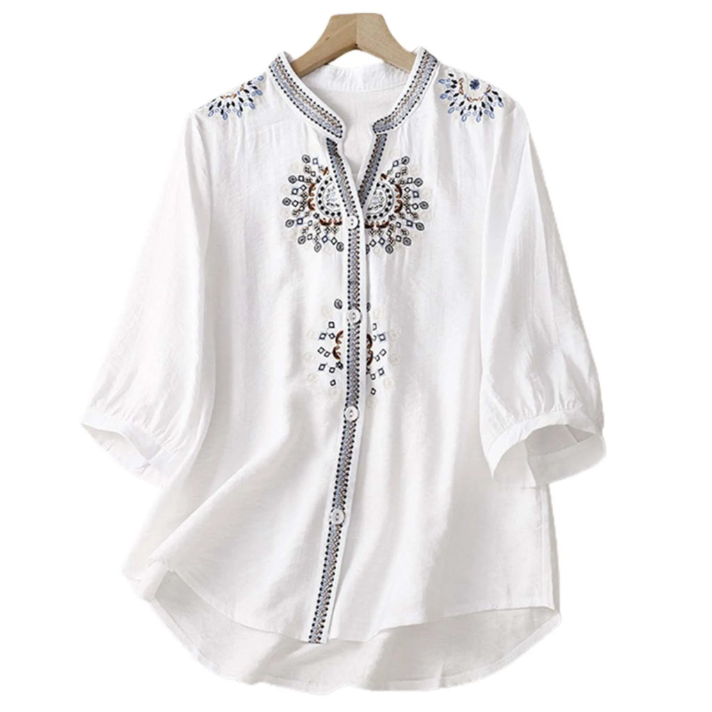 Summer Women'S Vintage Embroidered T Shirts Cotton Linen Half Sleeve Shirt Blouse Retro Ethnic Style Loose Button Down Shirts