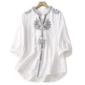 Summer Women'S Vintage Embroidered T Shirts Cotton Linen Half Sleeve Shirt Blouse Retro Ethnic Style Loose Button Down Shirts