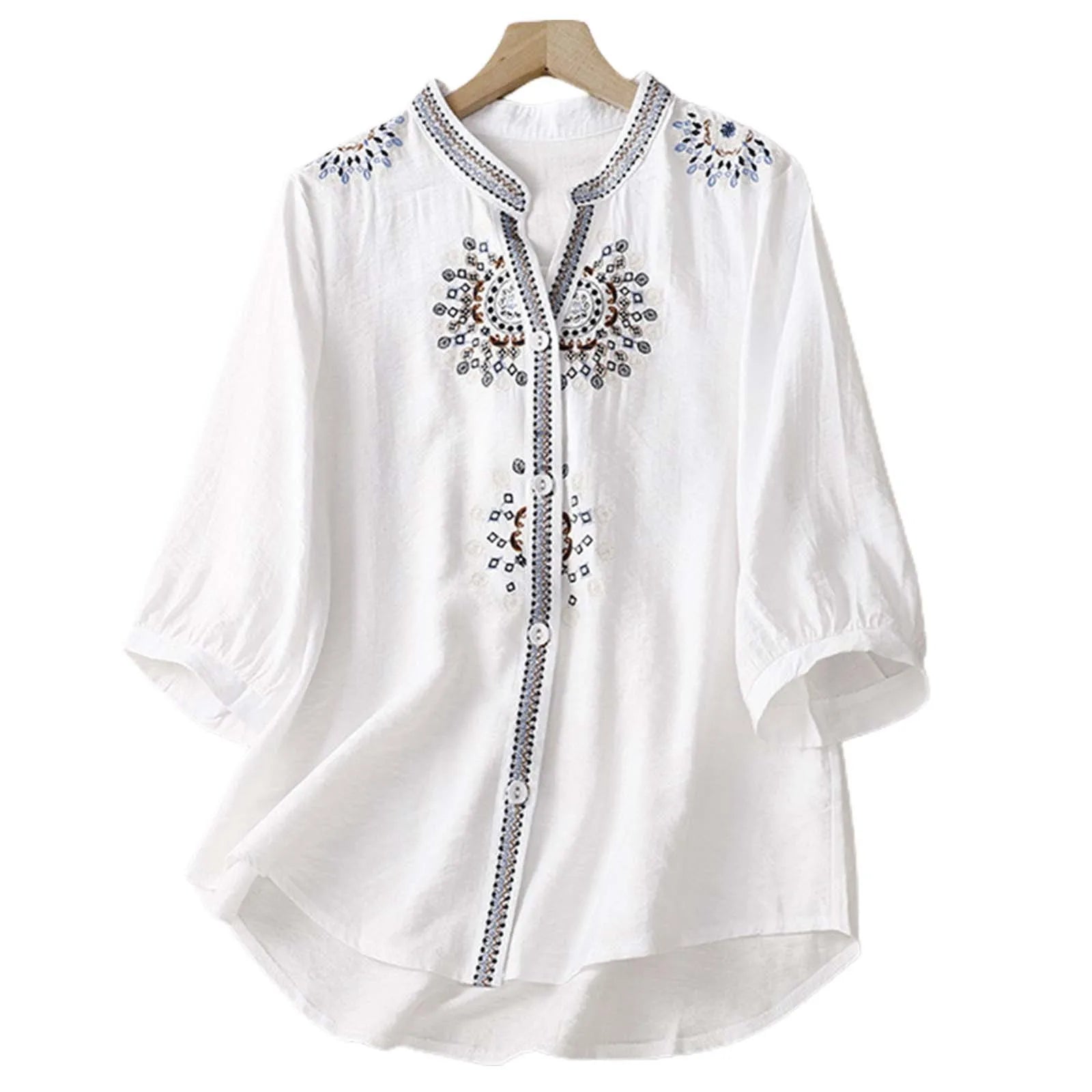 Summer Women'S Vintage Embroidered T Shirts Cotton Linen Half Sleeve Shirt Blouse Retro Ethnic Style Loose Button Down Shirts