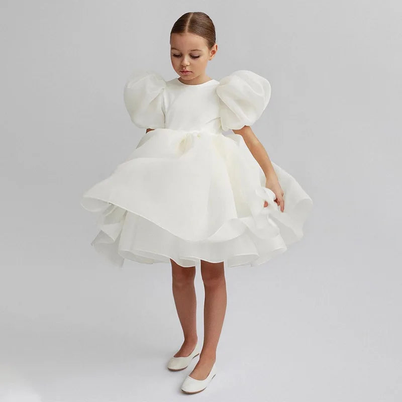 Princess Dress for Girls Puff Sleeve Gala Party Gown Elegant Kids Birthday Outfits Flower Children Wedding Formal V-Back Dresses