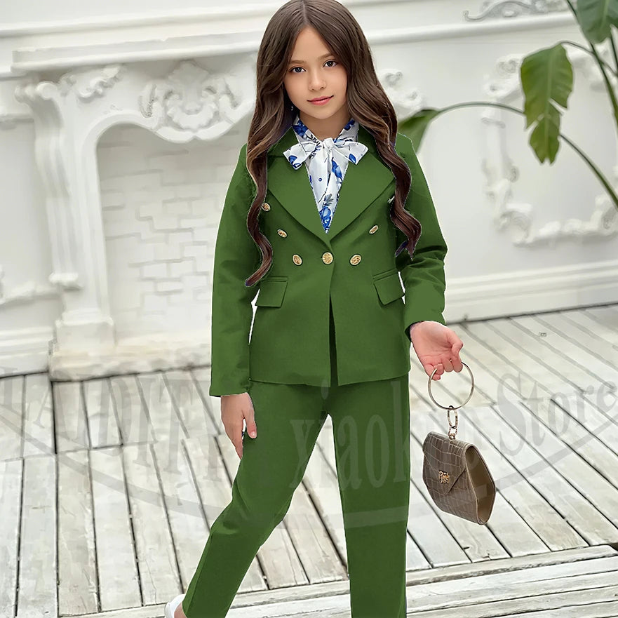 Girl Suits 2 Piece Elegant Daily Casual Fashion Kids Outfits Party Wedding Chic Double Breasted Notch Lapel Girl Clothes