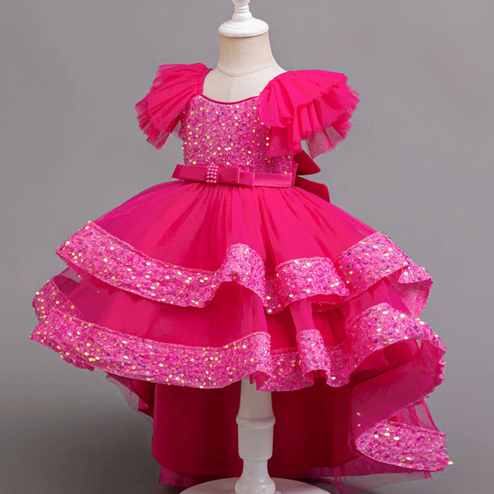 Girls Party Dresses Elegant Tulle Layered Children Long Evening Prom Gown Sequins Puffy Festive Dress for Girl