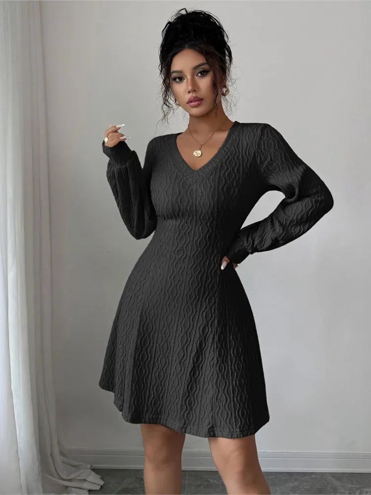 Autumn Women's Dresses Long Sleeve V Neck Elegant Office Dress For Women New Winter Fashion Solid Color Slim A Line Dress Female