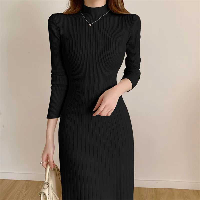 Long Knitted Dress Women Winter Sweater Dress Female Elegant Slim Long Sleeve Knee Length Dress Ladies Warm Office Dresses