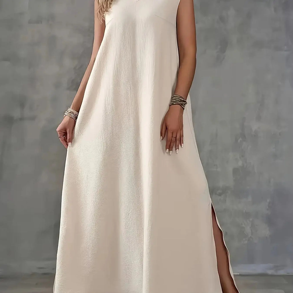 [Elegant Sleeveless Dress] White Polyester Elegant V-Neck Sleeveless Maxi Dress for Women | Split Front, Tassel Detail, Perfect