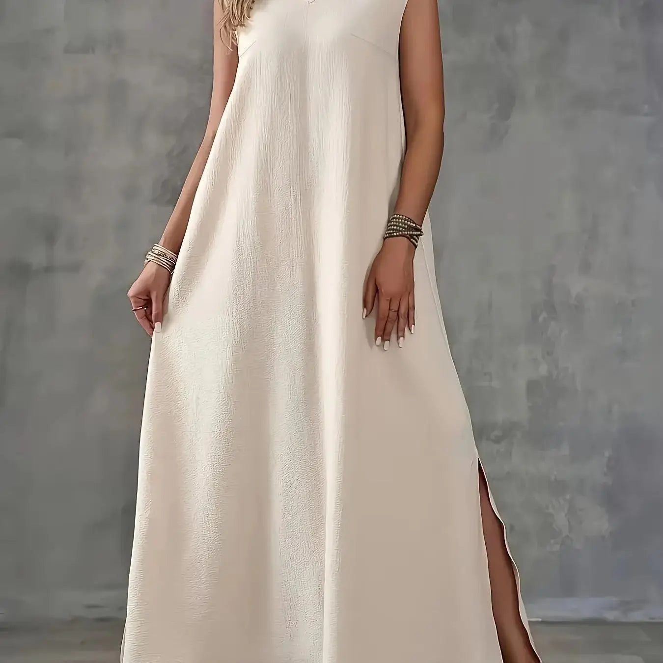[Elegant Sleeveless Dress] White Polyester Elegant V-Neck Sleeveless Maxi Dress for Women | Split Front, Tassel Detail, Perfect