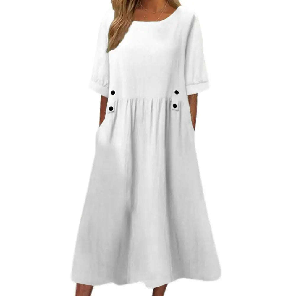 Loose Fit Dress Elegant Midi Dress with Pockets Button Decor for Women A-line Silhouette O Neckline Short Sleeves Solid Color