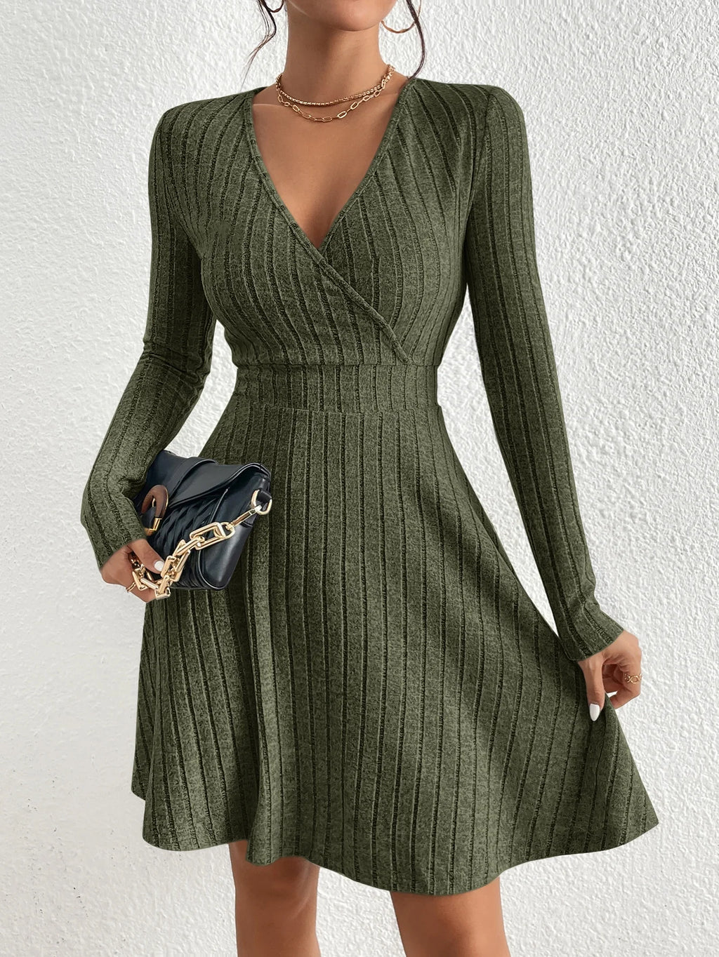 Women's Slim Fit V-Neck Long Sleeve Knit Dress Autumn/Winter  Sexy Bodycon Sweater Midi Casual Solid Color Dress