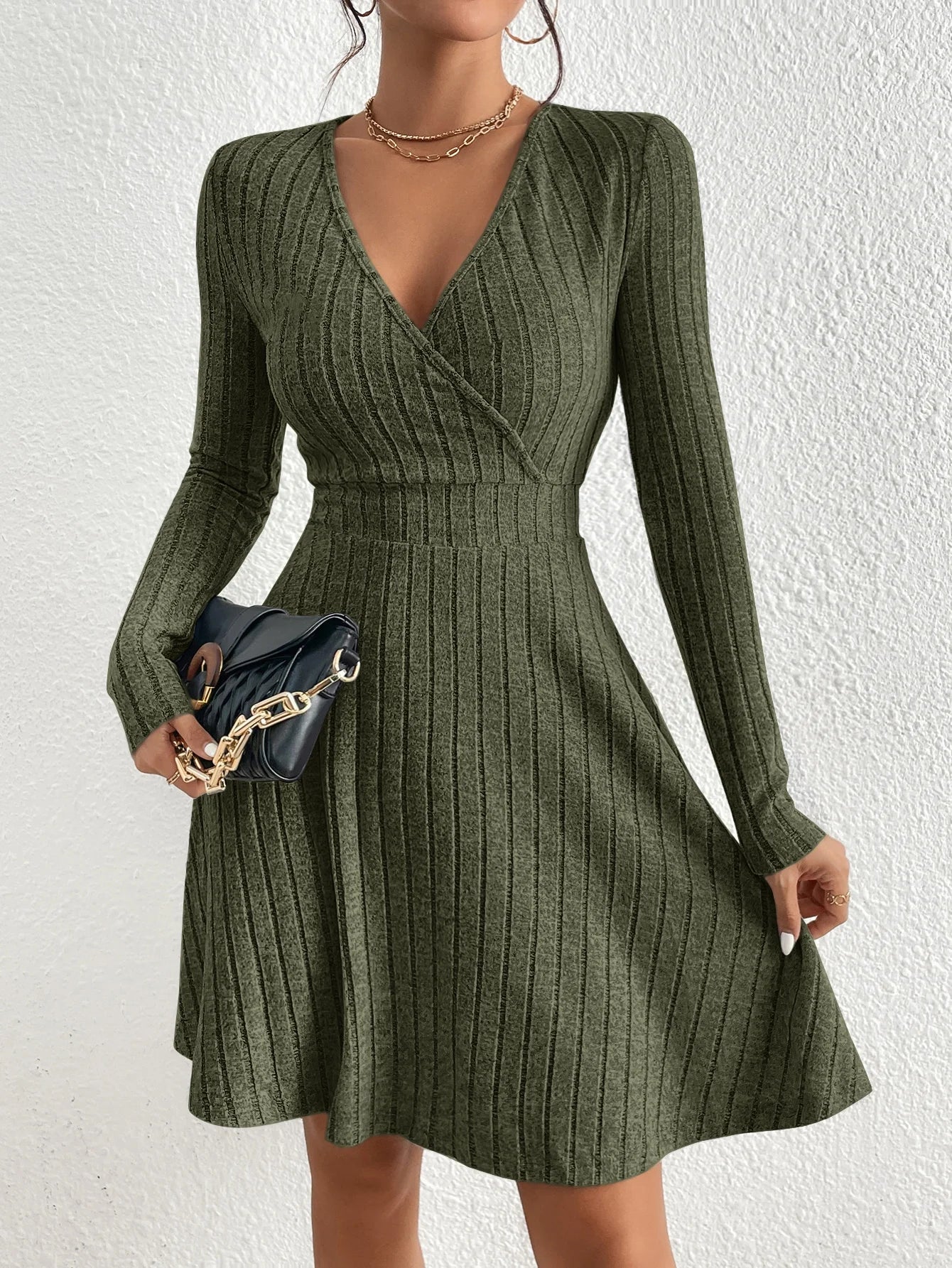 Women's Slim Fit V-Neck Long Sleeve Knit Dress Autumn/Winter  Sexy Bodycon Sweater Midi Casual Solid Color Dress