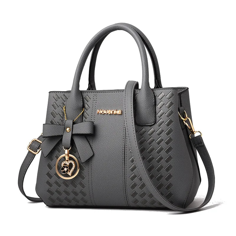 Bow Metal Pendant Top Handle Satchel Crossbody Bag, PU Leather Textured Bag Purse, Classic Versatile Fashion Shoulder Bag