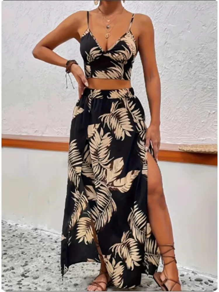Sleeveless Printed Dress Set for Women Sexy Half Skirt Elegant Deep V-Neck Strap High Waist Summer Luxury