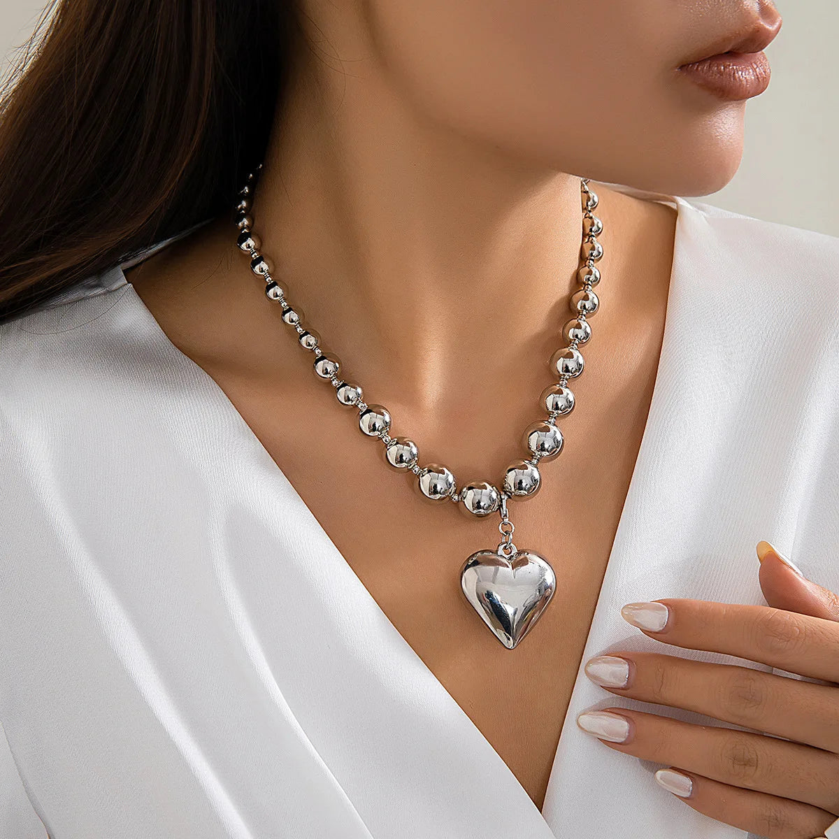 Big CCB Ball Beaded Chain and Heart Pendant Necklace for Women Trendy Choker Collar on the Neck Accessories 2024 Fashion Jewelry