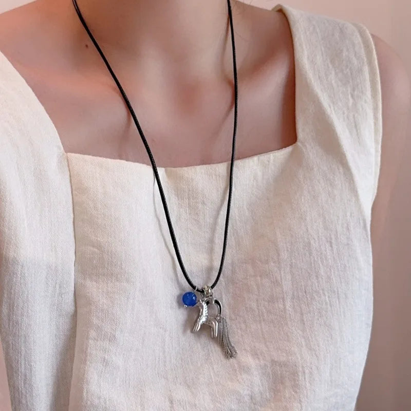 Minar Funny Metallic Cartoon Horse Multi Tassel Beads Pendant Necklaces for Women Female Adjustable Long Wax Rope Chain Chokers