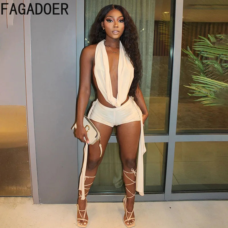 FAGADOER Sexy Hollow Out 2 Piece Sets Woman Outfit Halter Backless Collar Crop Top + Tassels Shorts Matching 2025 Summer New