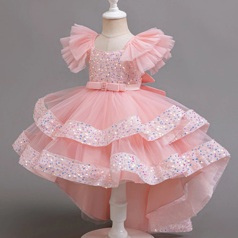 Girls Party Dresses Elegant Tulle Layered Children Long Evening Prom Gown Sequins Puffy Festive Dress for Girl