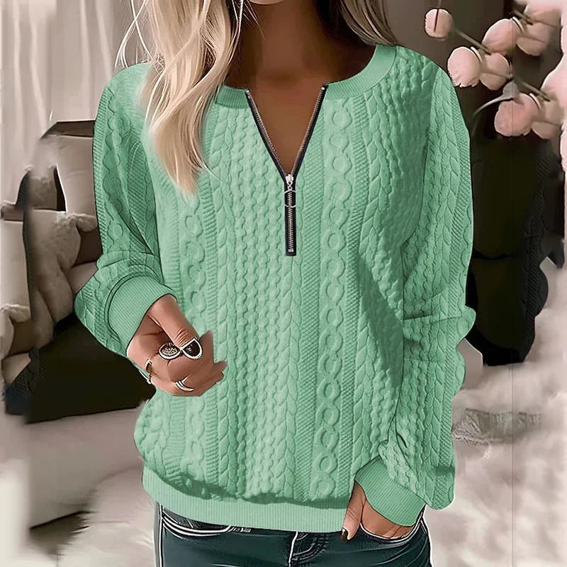 Autumn and winter new women's long sleeved solid color V-neck zipper T-shirt top, women's casual temperament long sleeved top