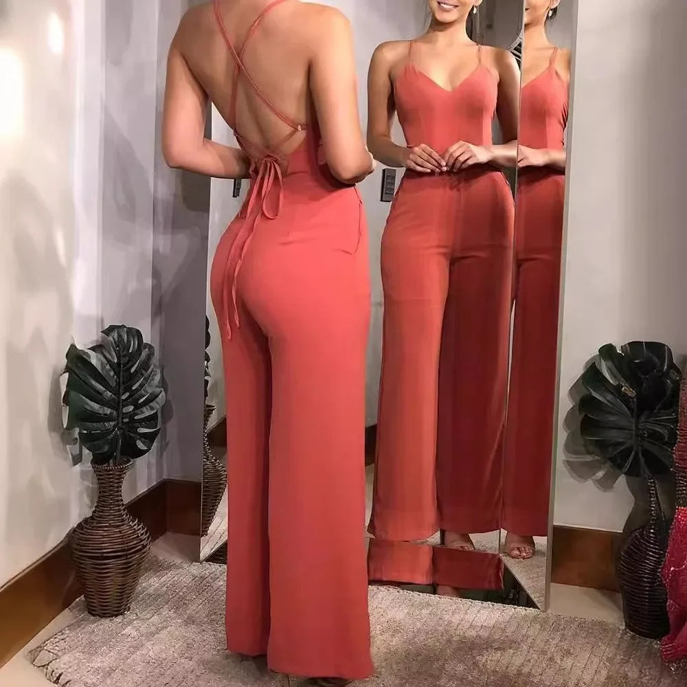 Summer Women's Jumpsuit Sexy V-Neck Solid Color Plain Halter Backless High Waist Loose Wide Leg Overall for Women