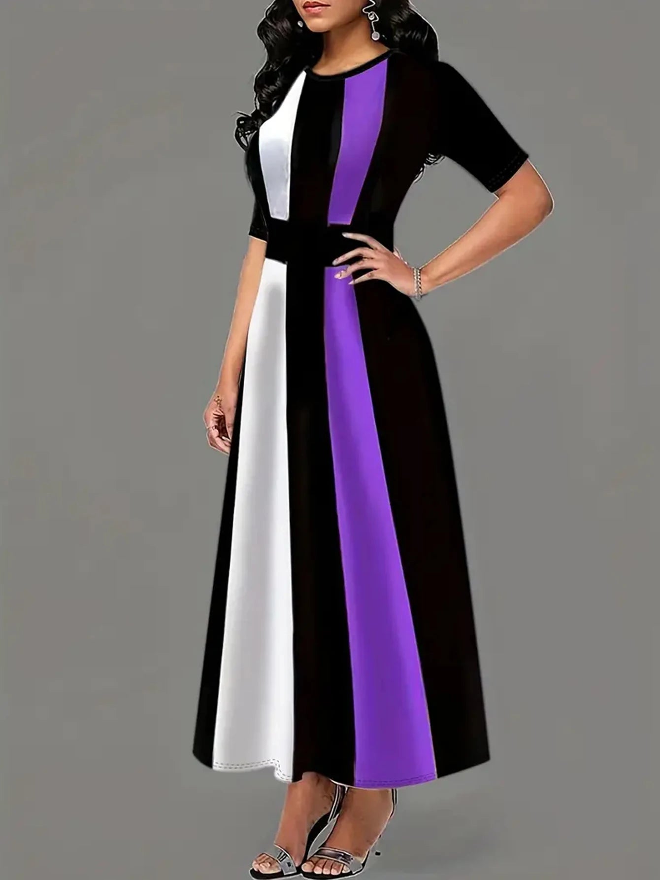 Color Block Crew Neck Dress, Vintage Short Sleeve Dress For Spring & Summer, Women's Clothing