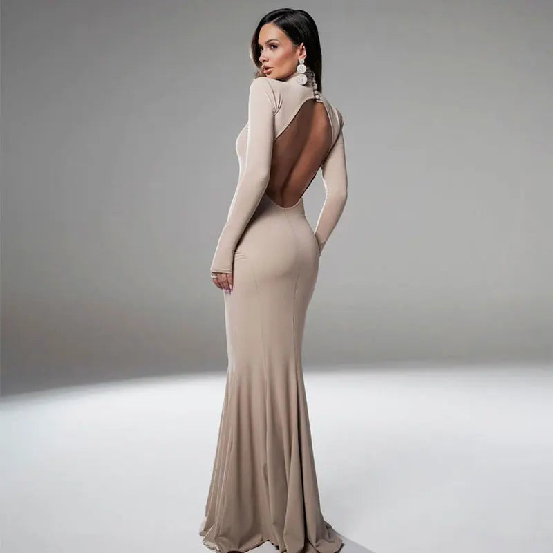 Women Dresses Elegant Party Autumn Winter Sexy Backless Dress Streetwear Fashion Casual Slim Turtleneck Brown Long Sleeves Dress