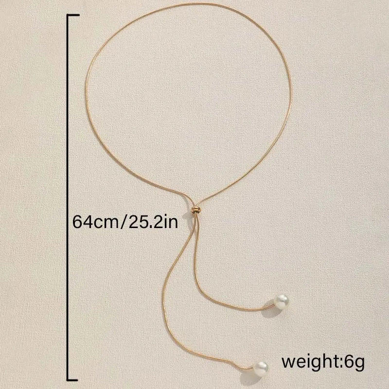 Long Pearl Necklace Adjustable Pull Chain Minimalist Design Women's Layering Choker Versatile Jewelry