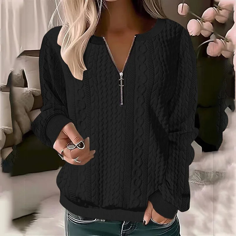 Autumn and winter new women's long sleeved solid color V-neck zipper T-shirt top, women's casual temperament long sleeved top