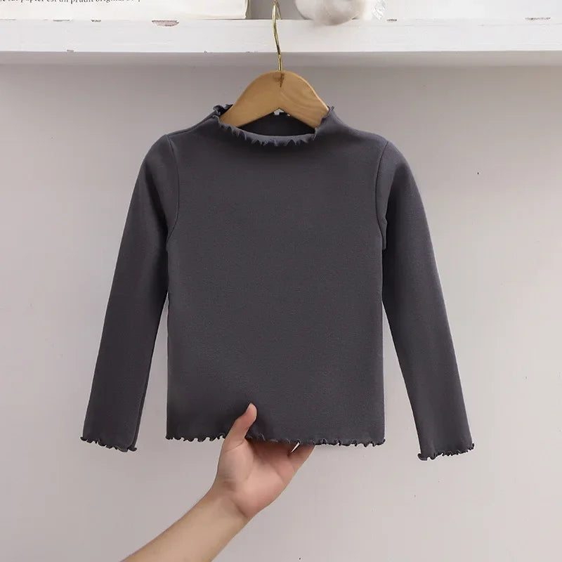 Children Clothing New Girls Base Shirt For Autumn and Winter Children Trendy Black Fungus Edge Solid Color Long Sleeved T-shirt