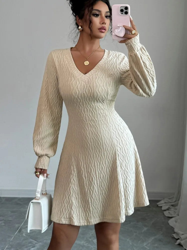 Autumn Women's Dresses Long Sleeve V Neck Elegant Office Dress For Women New Winter Fashion Solid Color Slim A Line Dress Female
