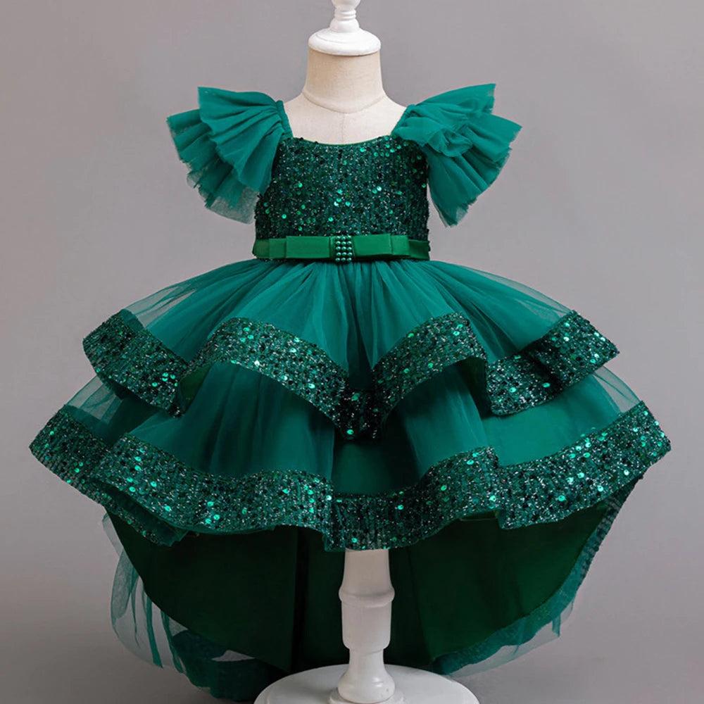 Girls Party Dresses Elegant Tulle Layered Children Long Evening Prom Gown Sequins Puffy Festive Dress for Girl