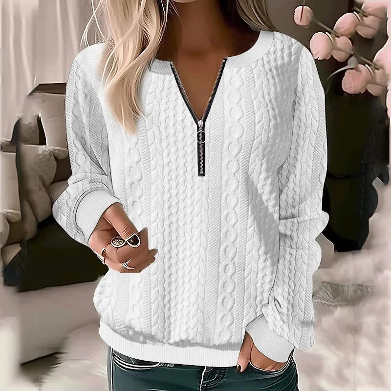 Autumn and winter new women's long sleeved solid color V-neck zipper T-shirt top, women's casual temperament long sleeved top
