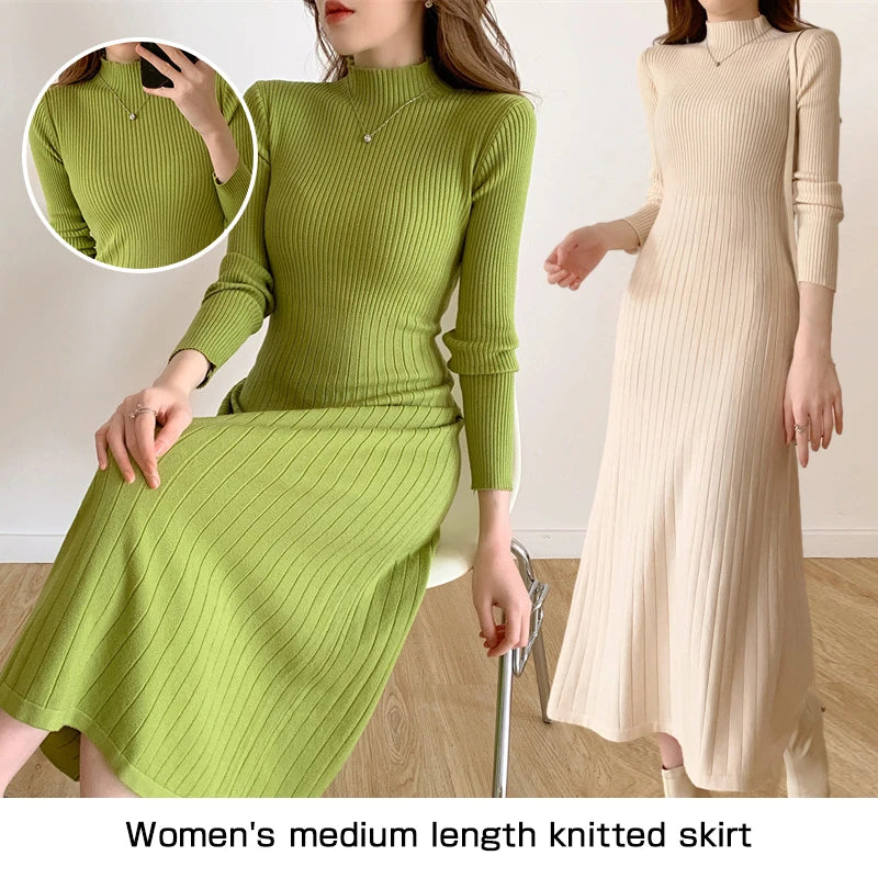 Long Knitted Dress Women Winter Sweater Dress Female Elegant Slim Long Sleeve Knee Length Dress Ladies Warm Office Dresses