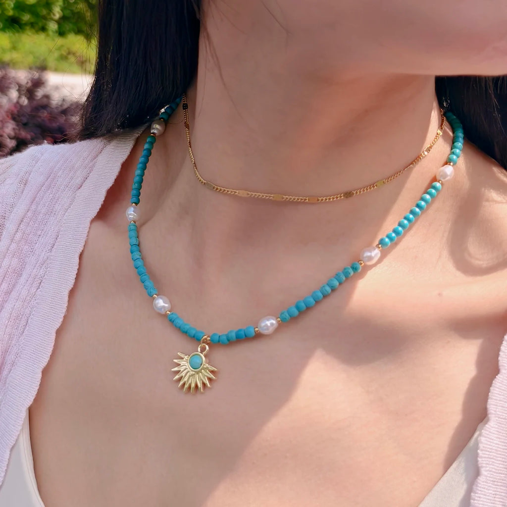 Artificial Turquoise Beads Heart Eye Pendant Necklace For Women With a Golden Stainless Steel Buckle Imitation Pearl Jewelry