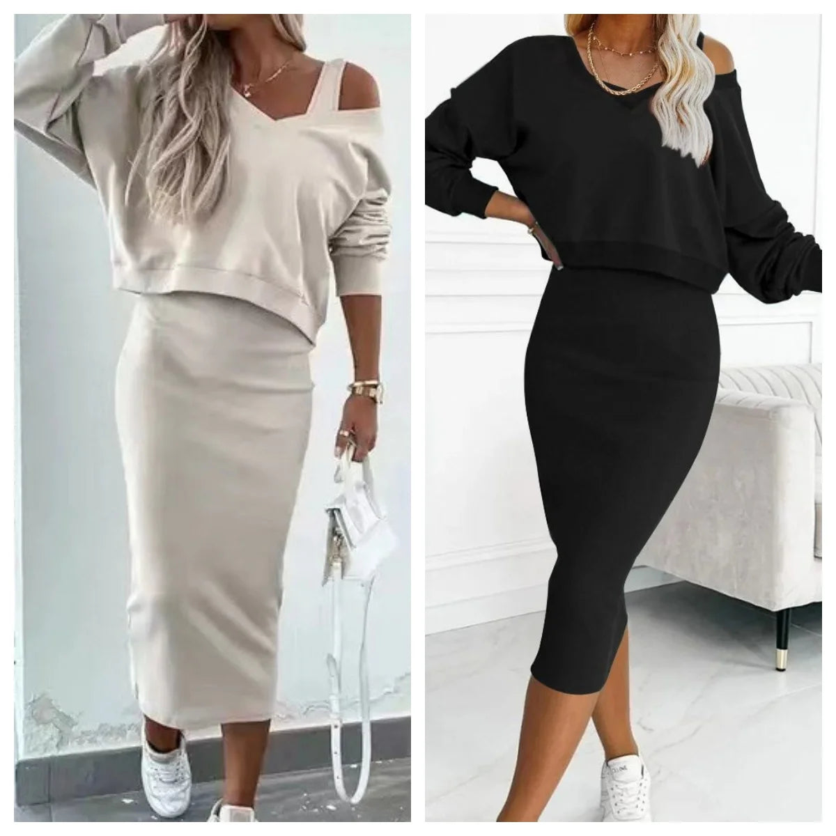 Fashion Two Piece Set Dress Women's Autumn Sexy V Neck Long Sleeve Pullover Top And Skirts Two Piece Set Dress