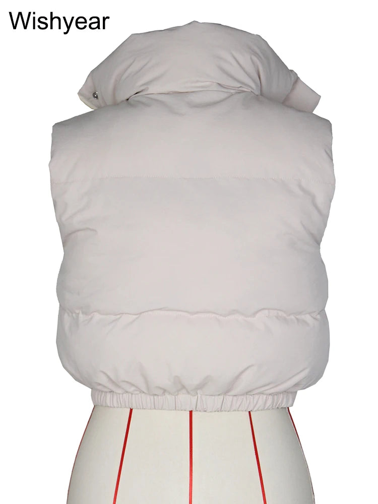 Winter Vest Cotton Padded Crop Top Women Clothing Sleeveless Stand Collar Zipper Adjustable Hem Jackets Cotton Coat Outwear New