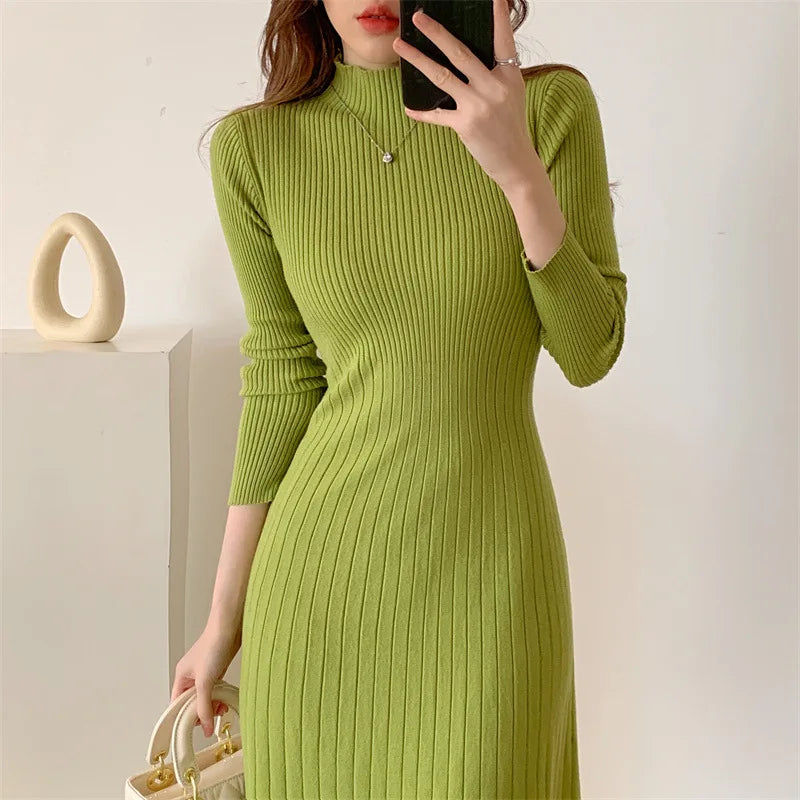 Long Knitted Dress Women Winter Sweater Dress Female Elegant Slim Long Sleeve Knee Length Dress Ladies Warm Office Dresses