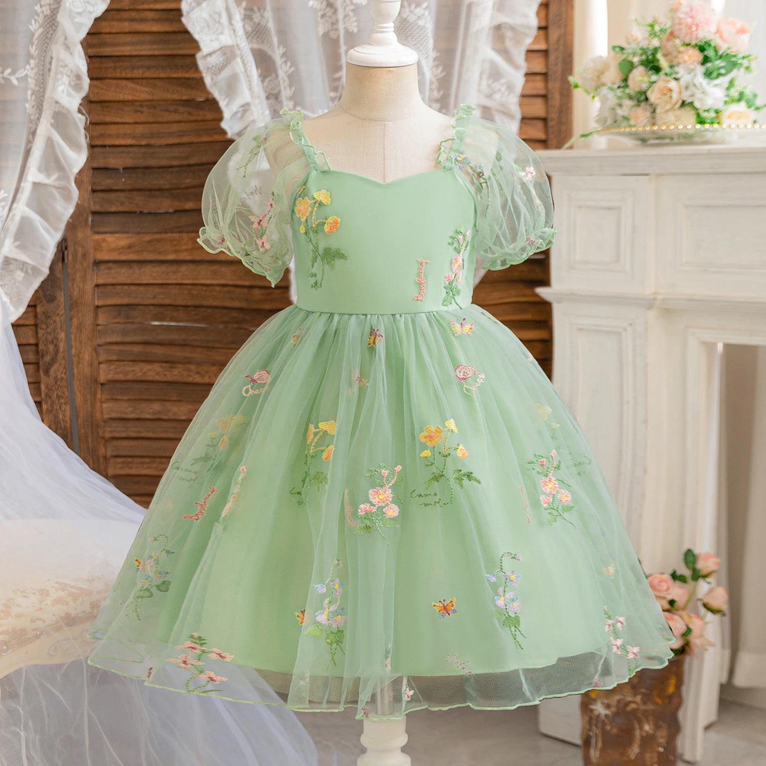 Baby Girl Party Dress for 1-5 Years Infant Butterfly Dresses Kids Green Embroidery Floral Dress 2025 Summer Tulle Princess Dress