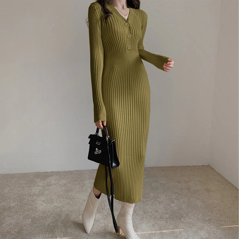 Autumn Winter Sweater Dress For Women 2024 New Arrivals Buttons Up V Neck High Waist Long Knitted Dress Korean Maxi Dresses