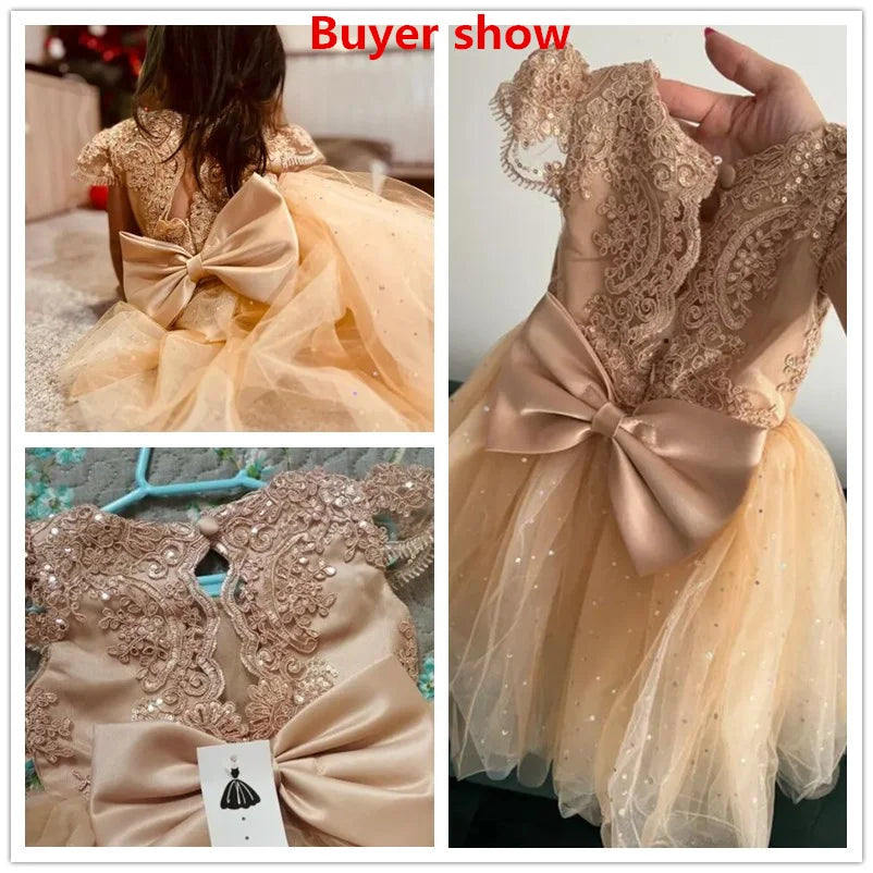 Toddler Girls 1st Birthday Party Dresses Cute Bow Kids Princess Lace Tulle Short Dress Flower Girls Dresses for Wedding 1-5 Year